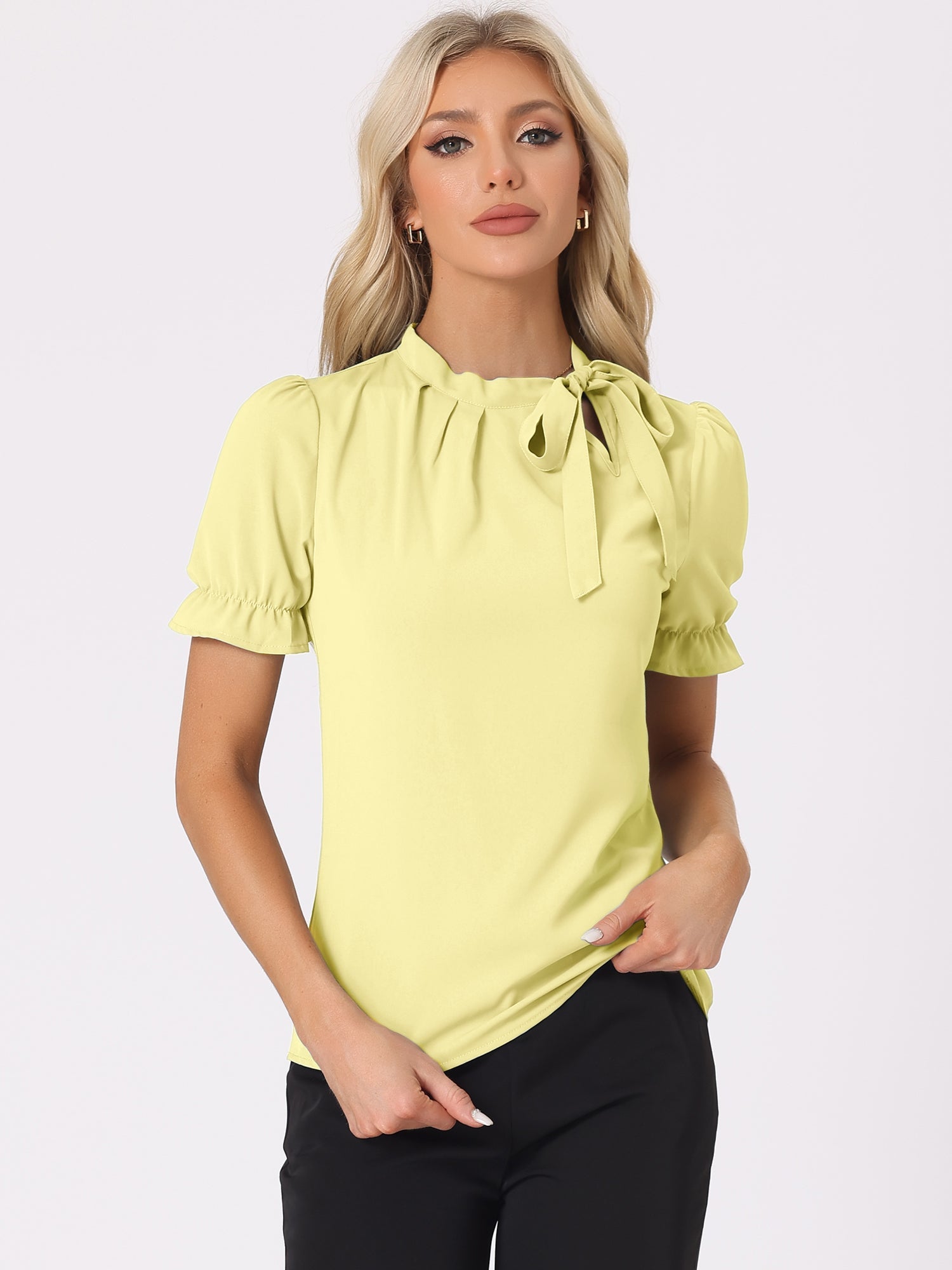 Bow Tie Neck Tops Elegant Office Short Sleeve Blouse
