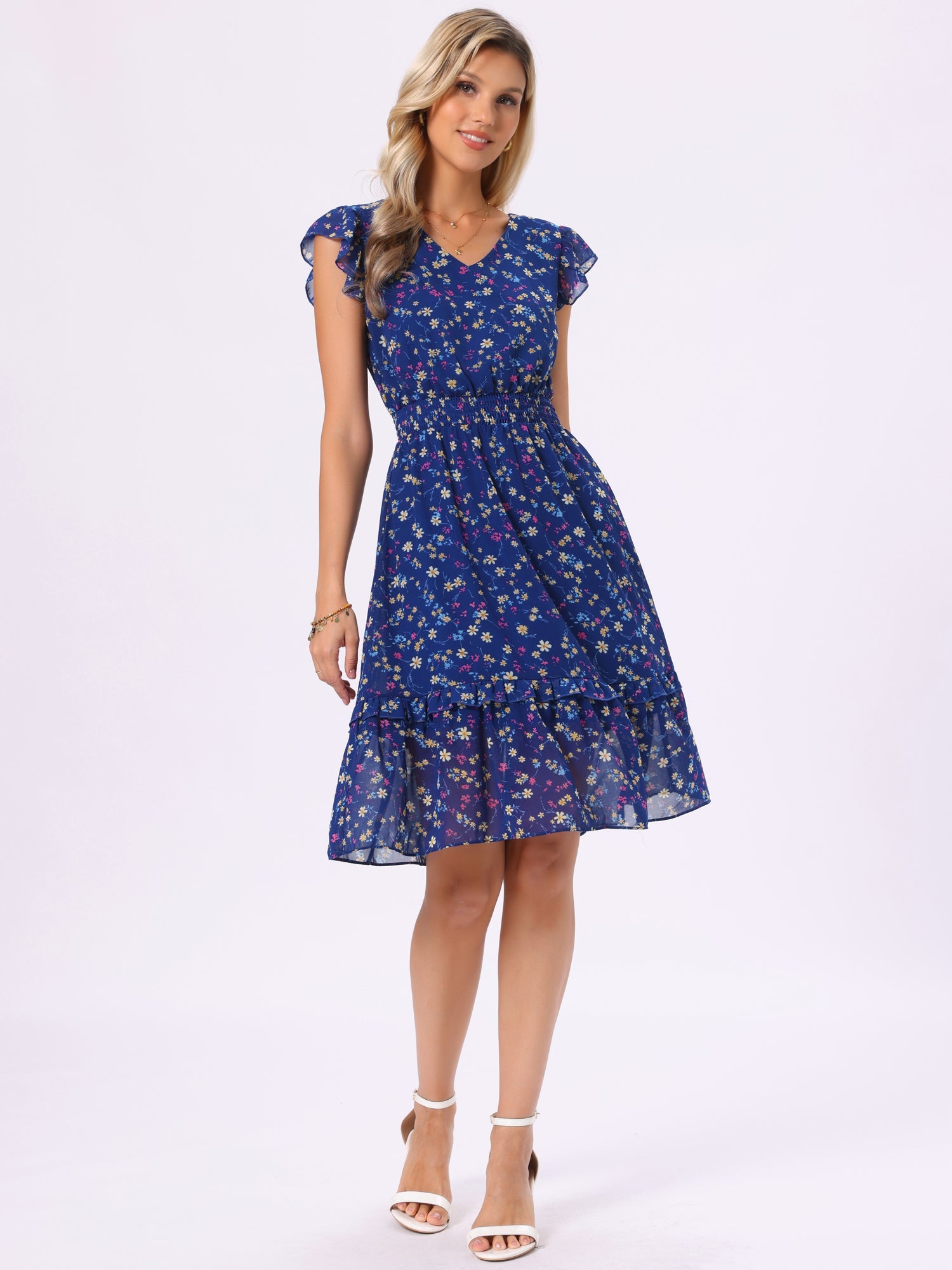 Floral Flutter Sleeve V Neck Smocked Ruffle Dress