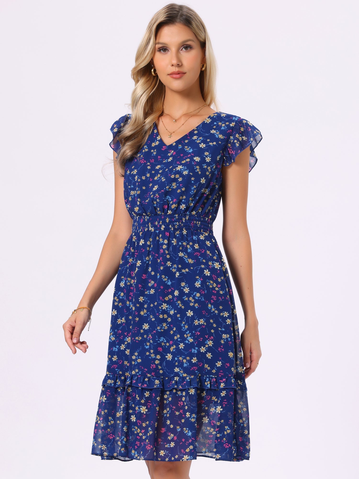 Floral Flutter Sleeve V Neck Smocked Ruffle Dress