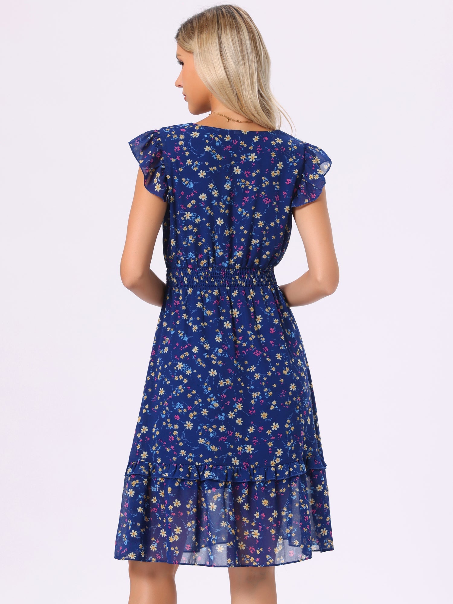 Floral Flutter Sleeve V Neck Smocked Ruffle Dress
