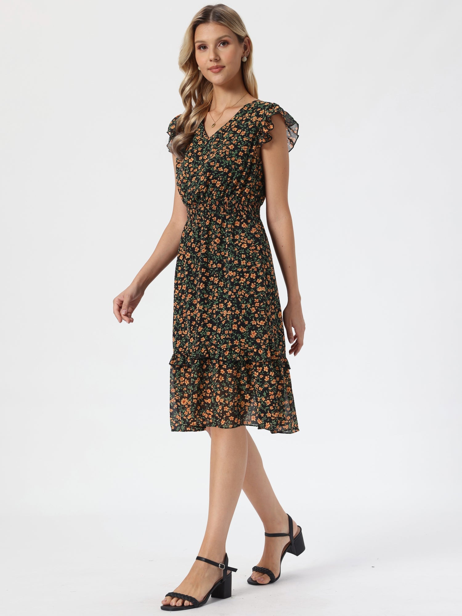 Floral Flutter Sleeve V Neck Smocked Ruffle Dress