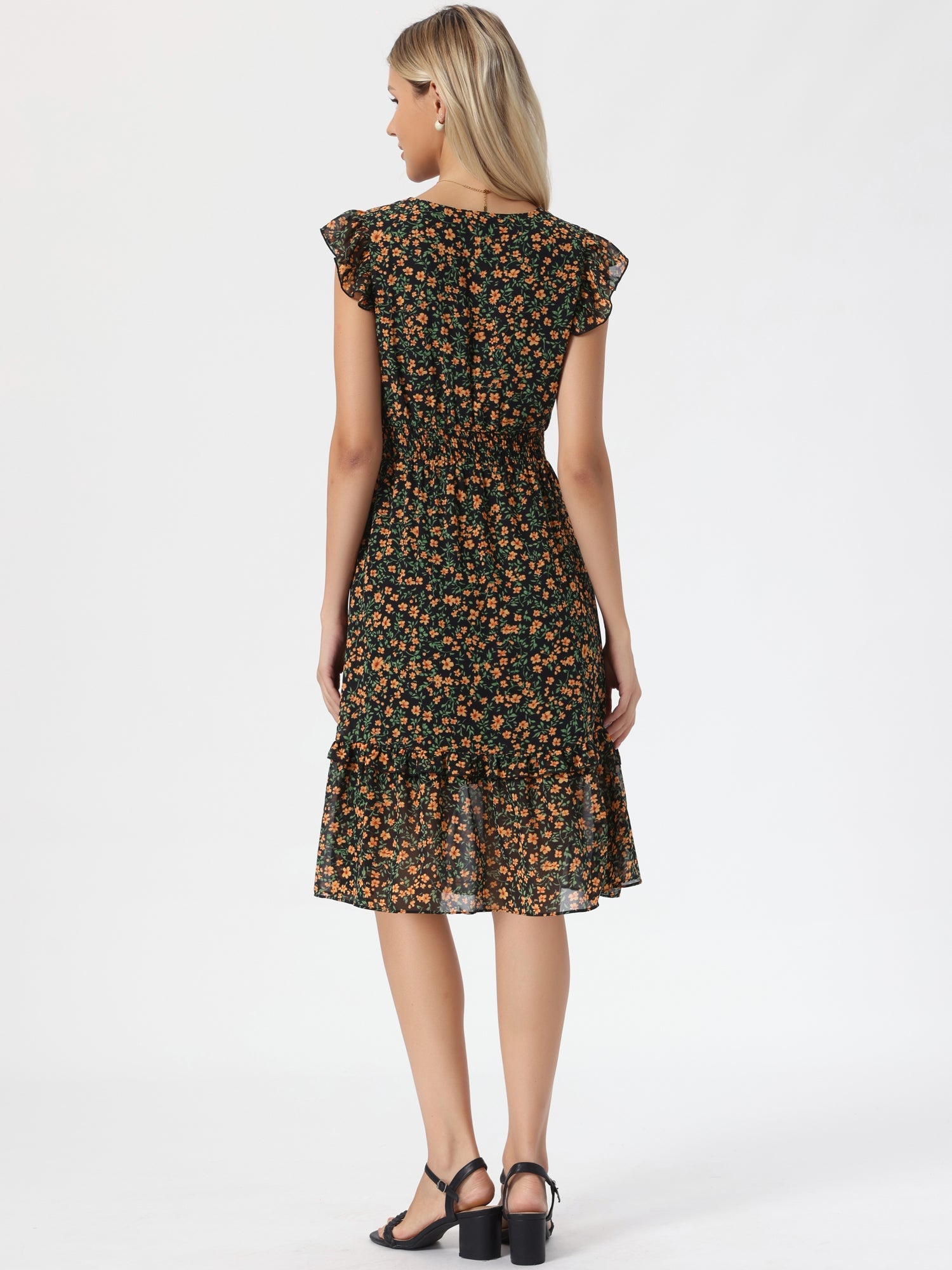 Floral Flutter Sleeve V Neck Smocked Ruffle Dress