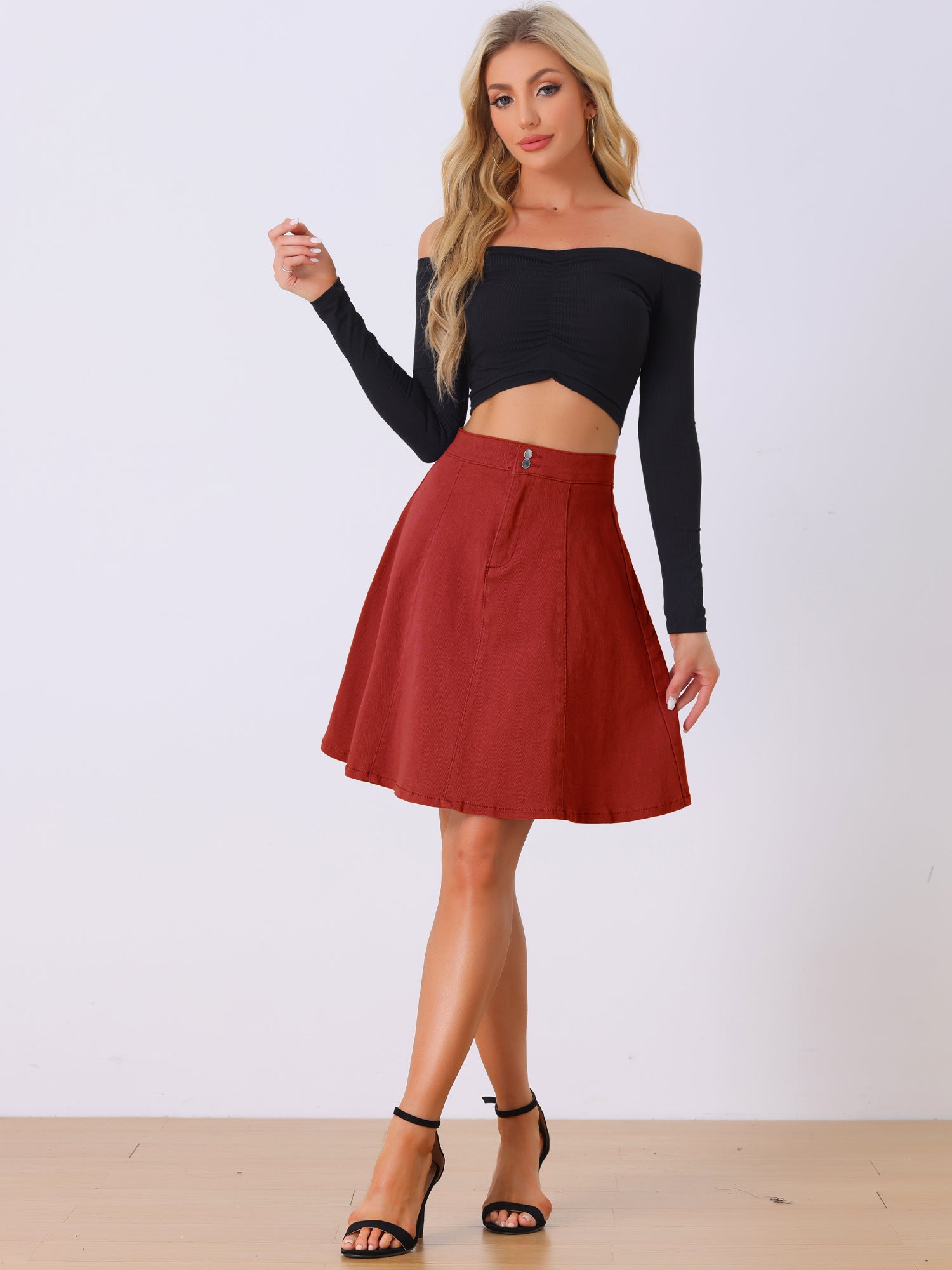 High Waisted A-Line Flared Casual Denim Midi Jean Skirt