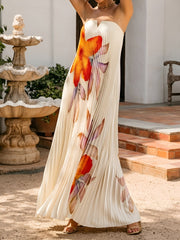 Strapless Pleated Backless Floral Maxi Event Dress