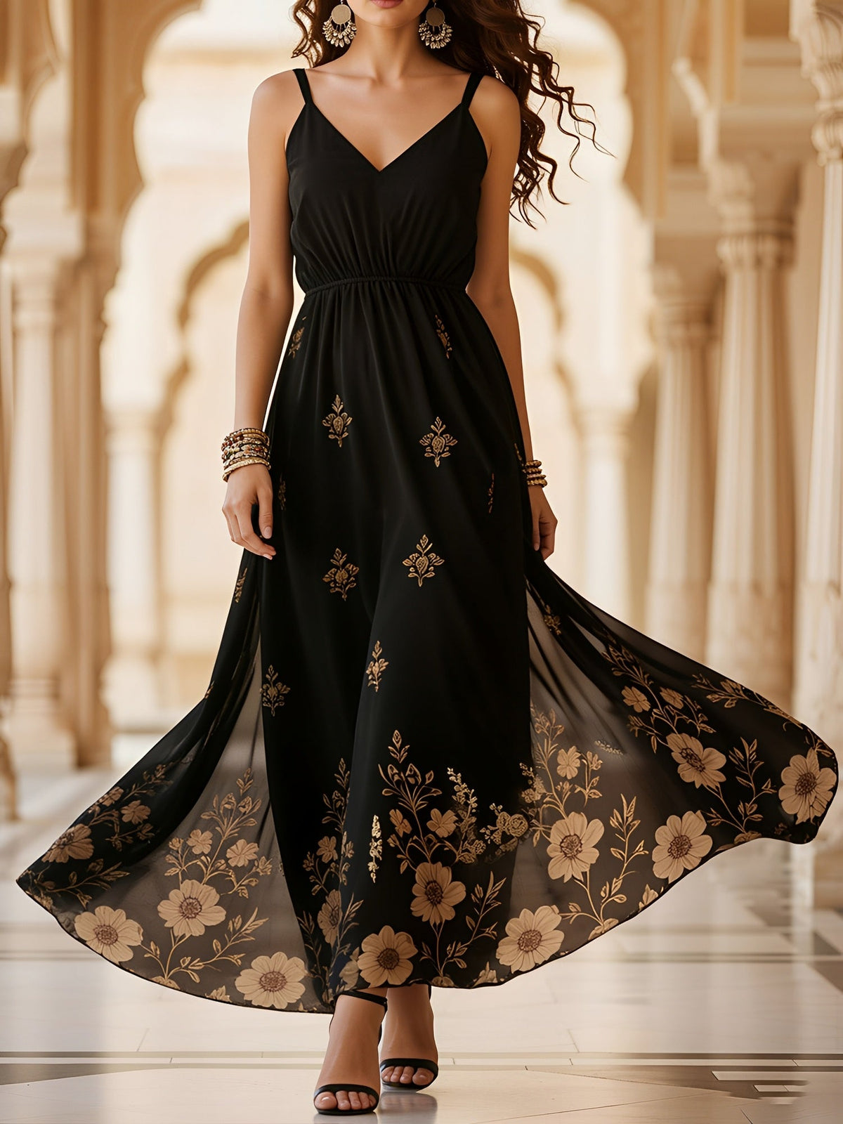 Embroidered Floral Sleeveless Maxi Evening Dress