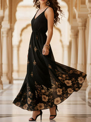 Embroidered Floral Sleeveless Maxi Evening Dress