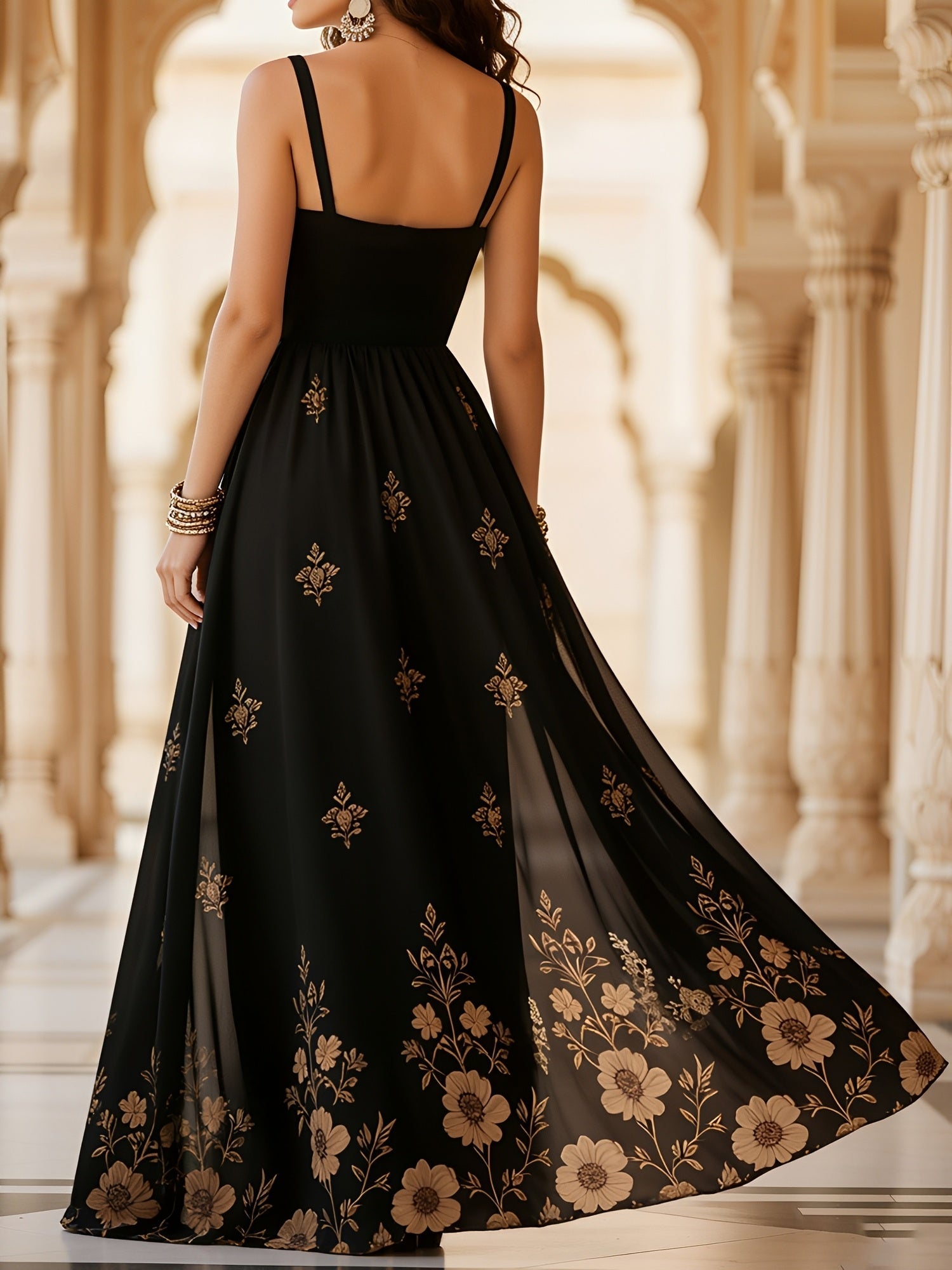 Embroidered Floral Sleeveless Maxi Evening Dress