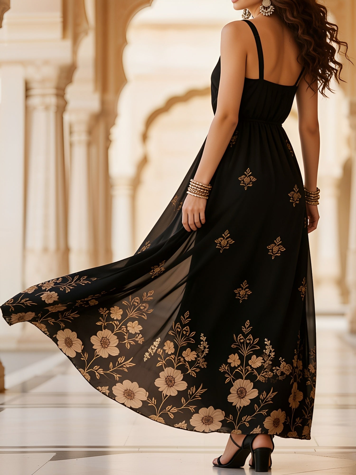 Embroidered Floral Sleeveless Maxi Evening Dress