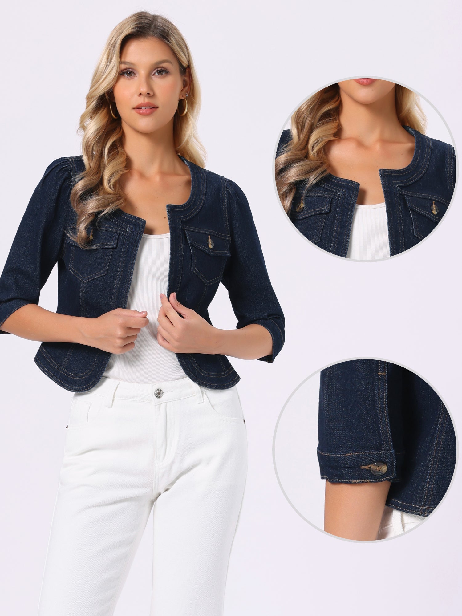 Denim Collarless Pockets 3/4 Sleeve Feminine Style Jacket