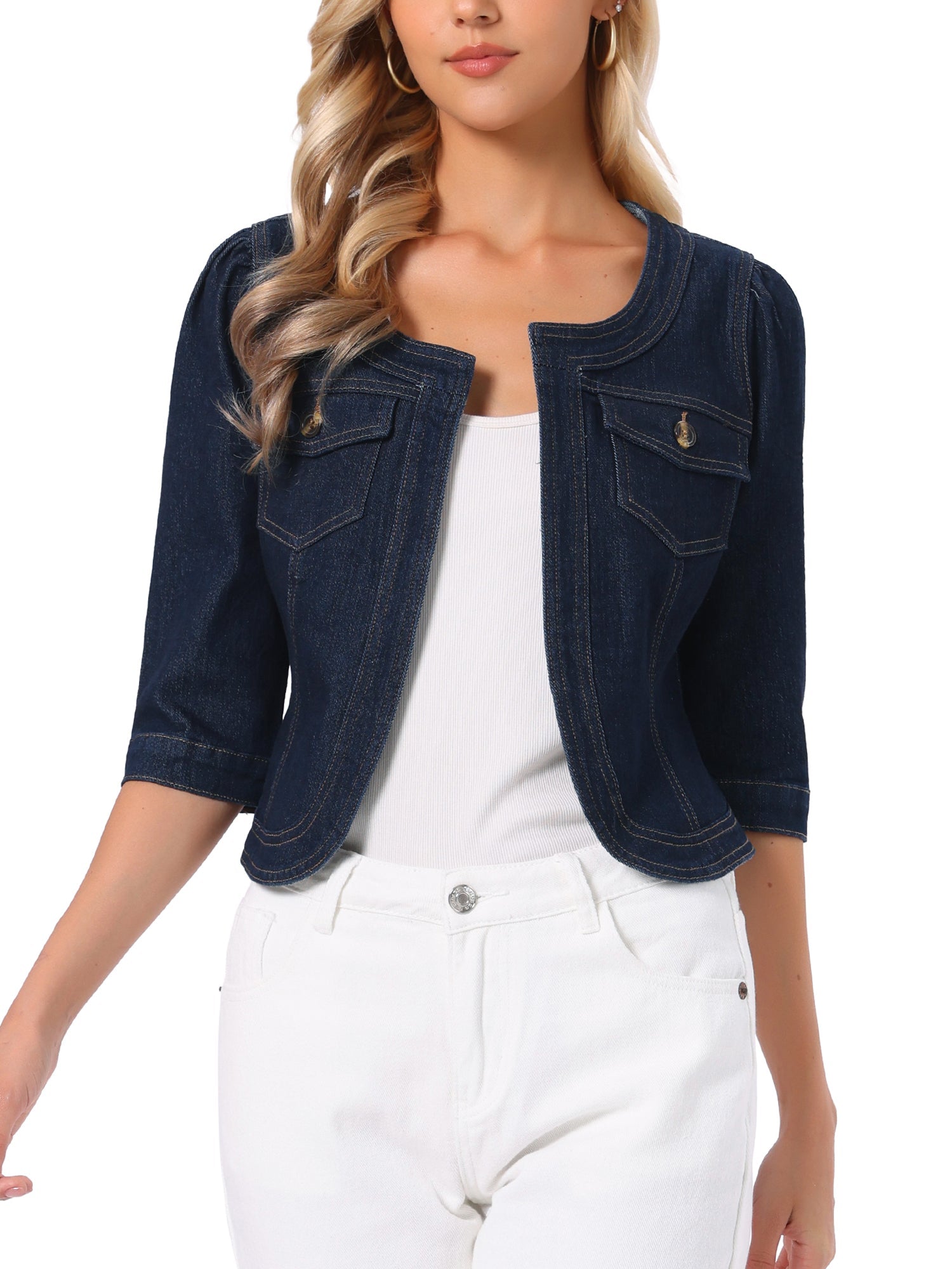 Denim Collarless Pockets 3/4 Sleeve Feminine Style Jacket