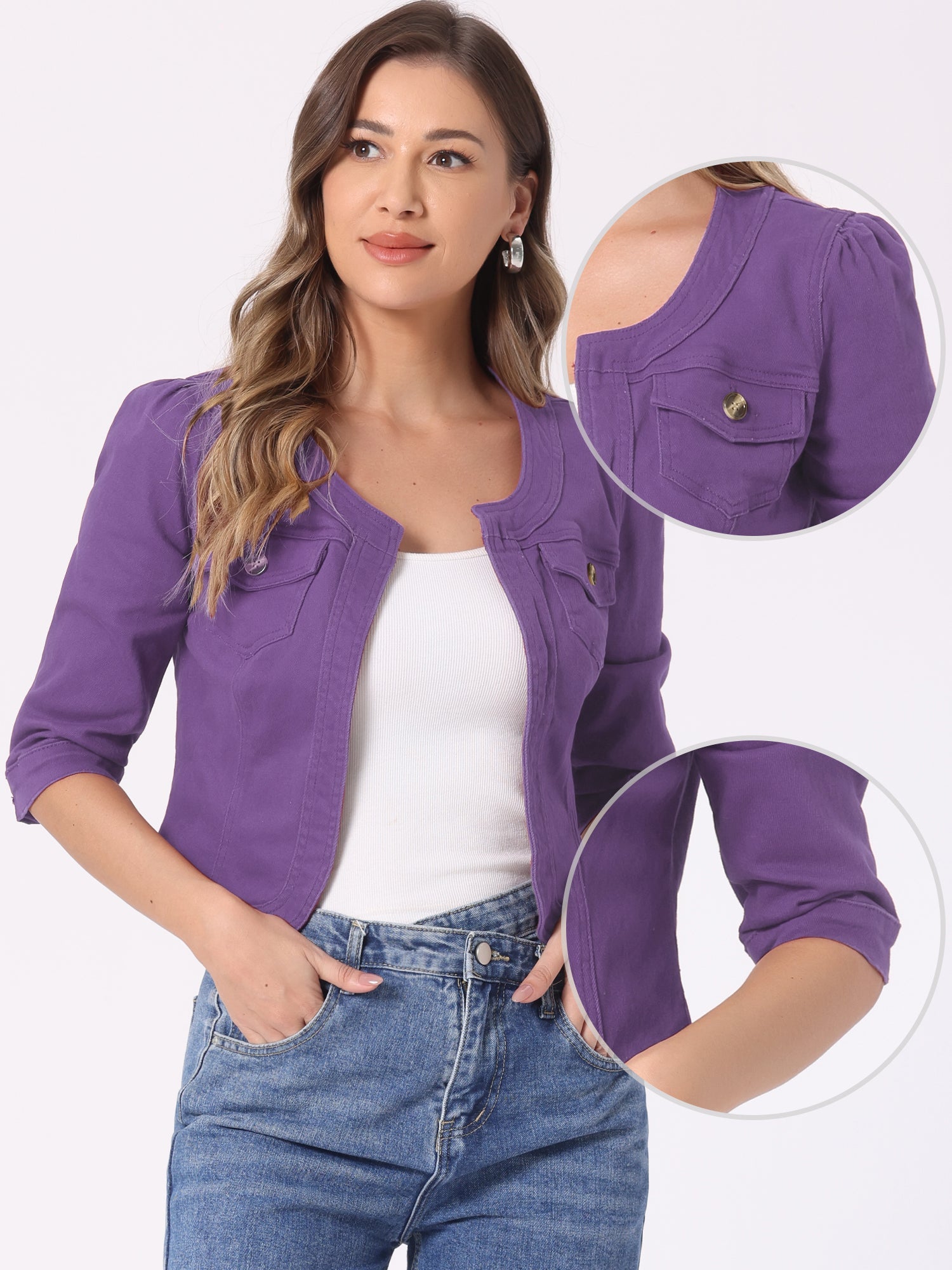 Denim Collarless Pockets 3/4 Sleeve Feminine Style Jacket