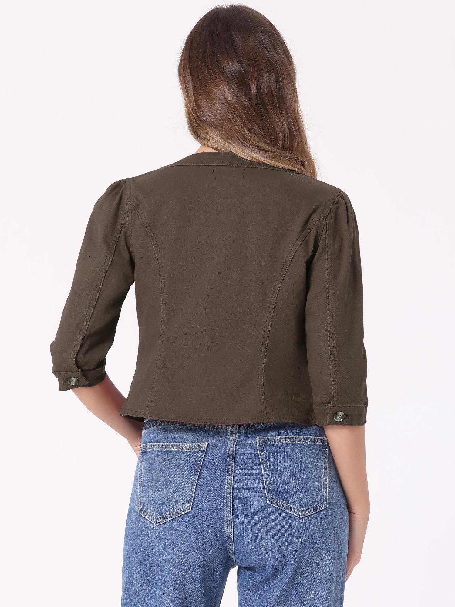 Denim Collarless Pockets 3/4 Sleeve Feminine Style Jacket