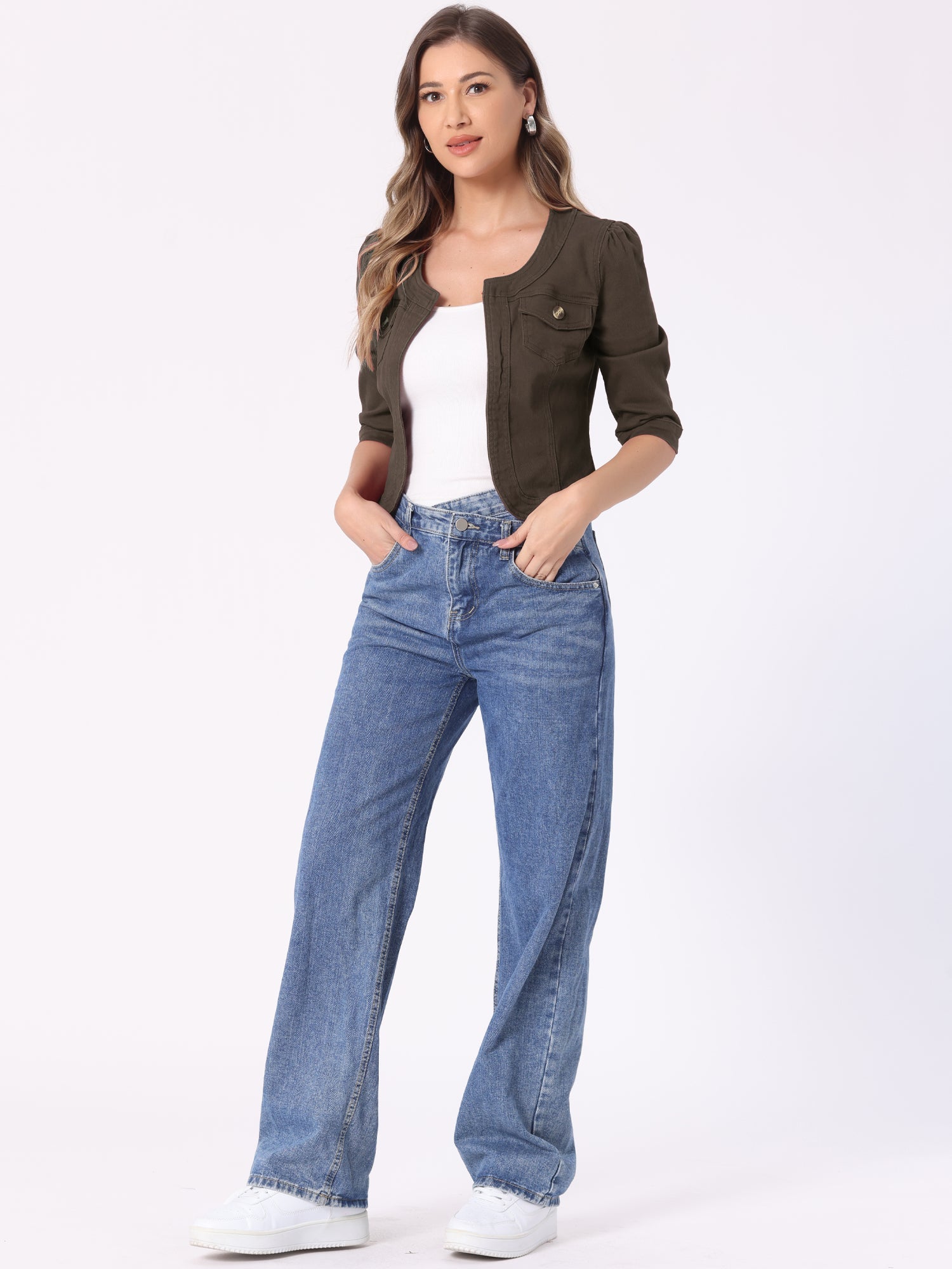 Denim Collarless Pockets 3/4 Sleeve Feminine Style Jacket