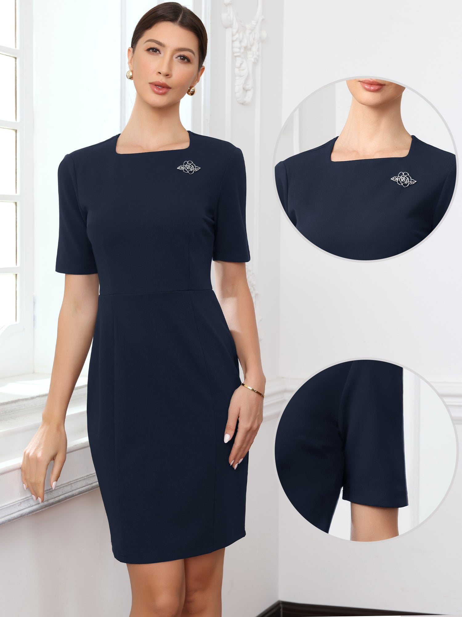 Square Neck Short Sleeve Work Business Sheath Dress