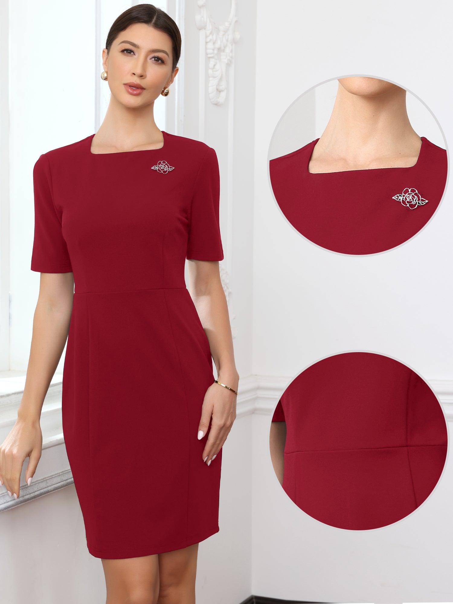 Square Neck Short Sleeve Work Business Sheath Dress