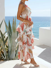 Floral Halter Neck Sleeveless Ruffled Layered Hi-Lo Hem Resort Dress