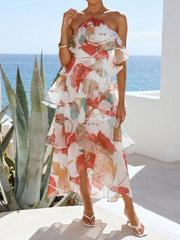 Floral Halter Neck Sleeveless Ruffled Layered Hi-Lo Hem Resort Dress