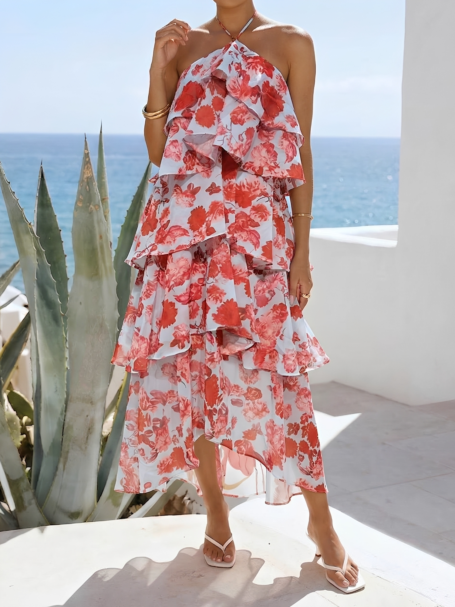 Floral Halter Neck Sleeveless Ruffled Layered Hi-Lo Hem Resort Dress