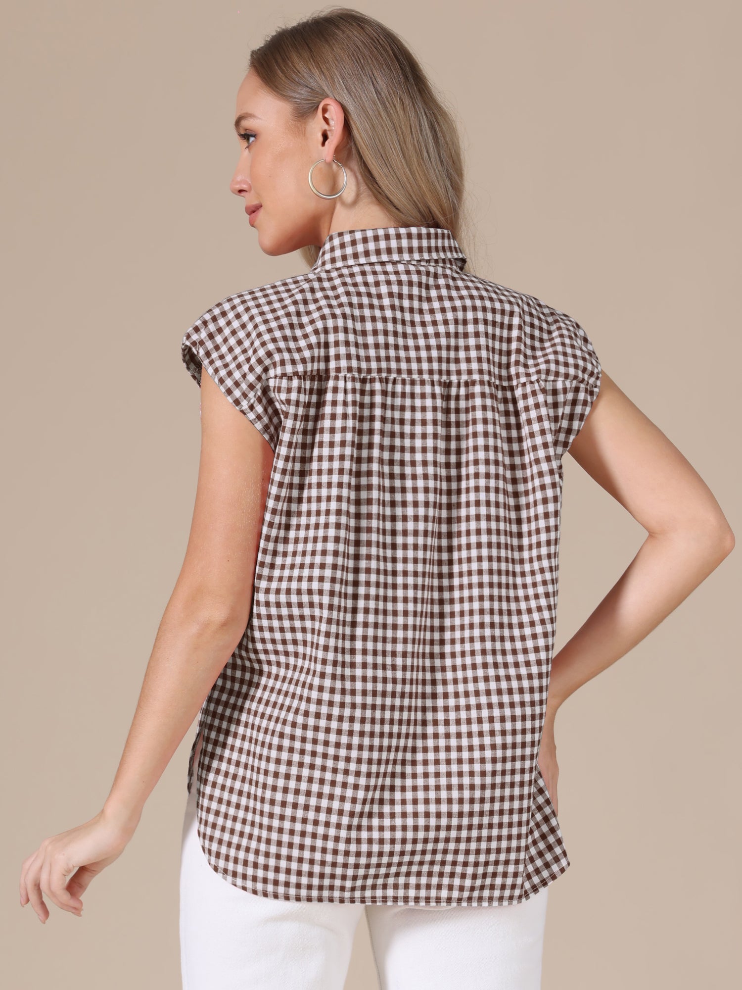 Gingham Cap Sleeves Button Down Blouse