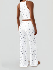 2 Pieces Floral Spaghetti Strap Cropped Top & Straight Legs Trousers Pants Matching Workout Set