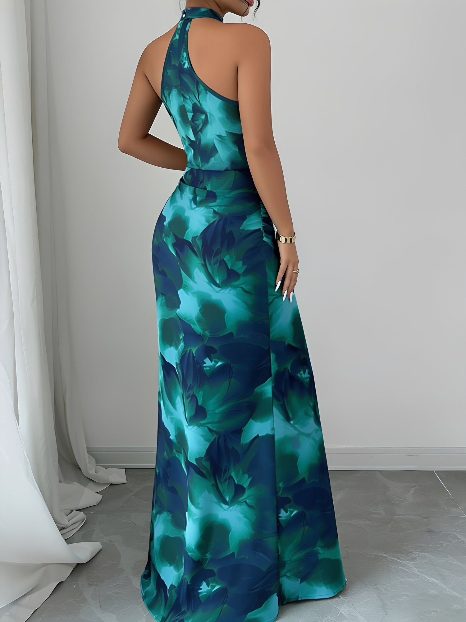 Halter Neck Ruched Floral Maxi Evening Prom Dress