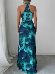 Halter Neck Ruched Floral Maxi Evening Prom Dress