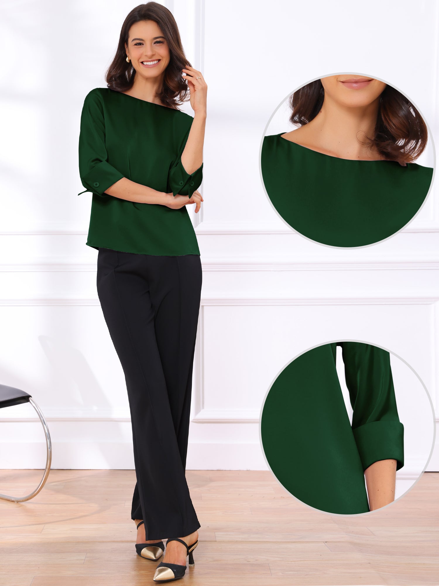 Dressy Casual Boat Neck 3/4 Sleeve Work Satin Blouse