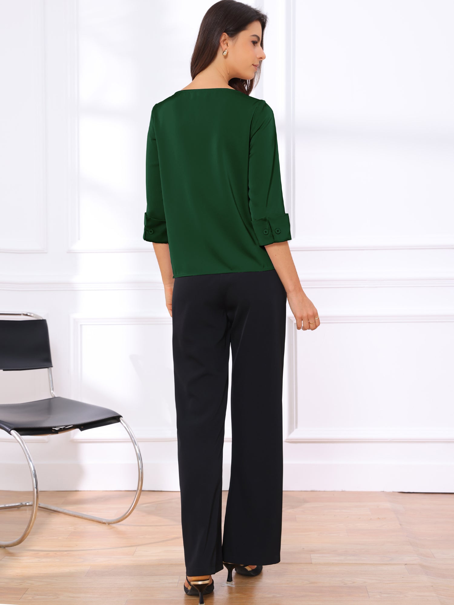 Dressy Casual Boat Neck 3/4 Sleeve Work Satin Blouse