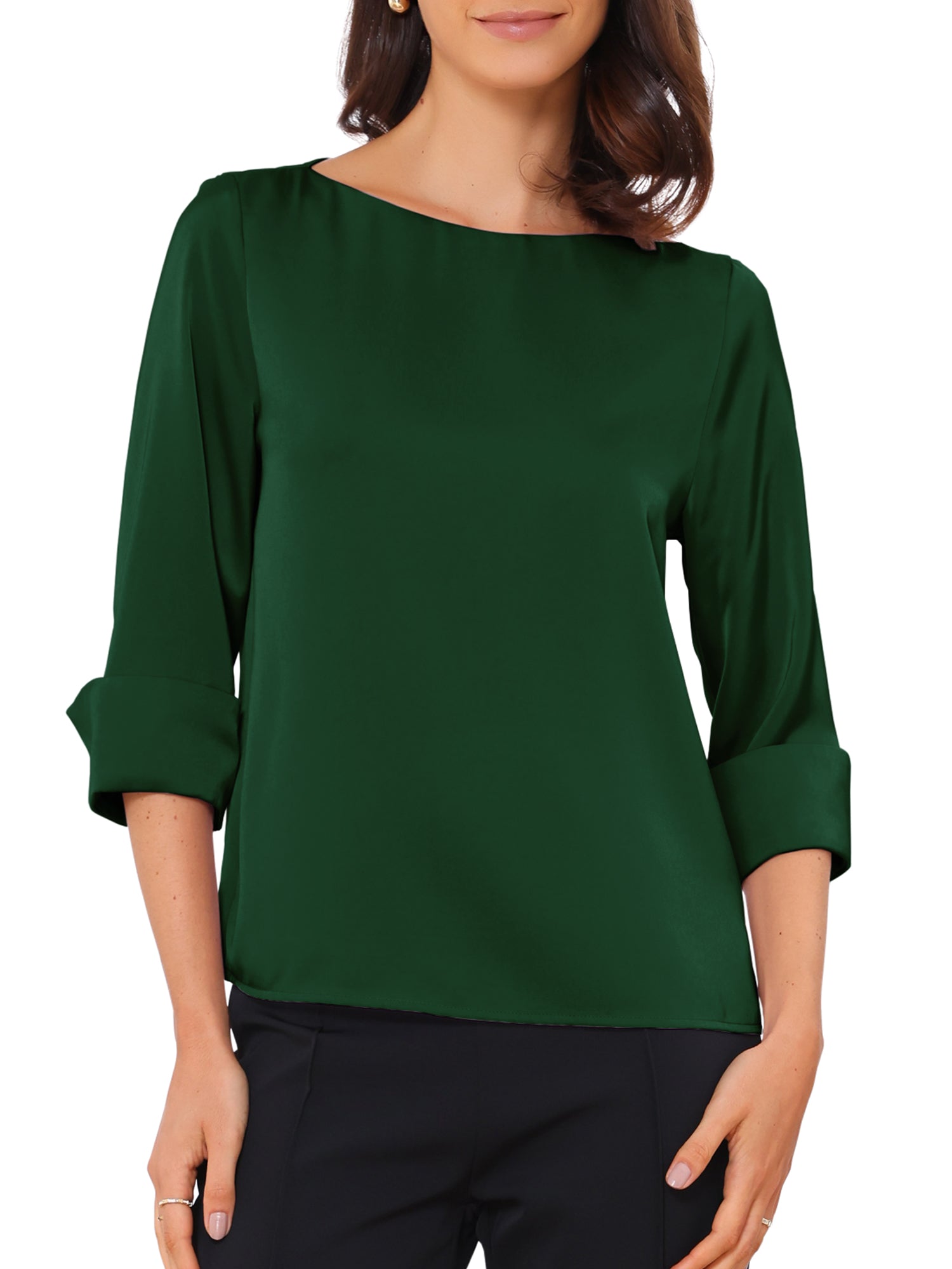 Dressy Casual Boat Neck 3/4 Sleeve Work Satin Blouse