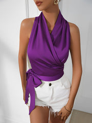 Satin Halter Neck Sleeveless Lace-Up Blouse