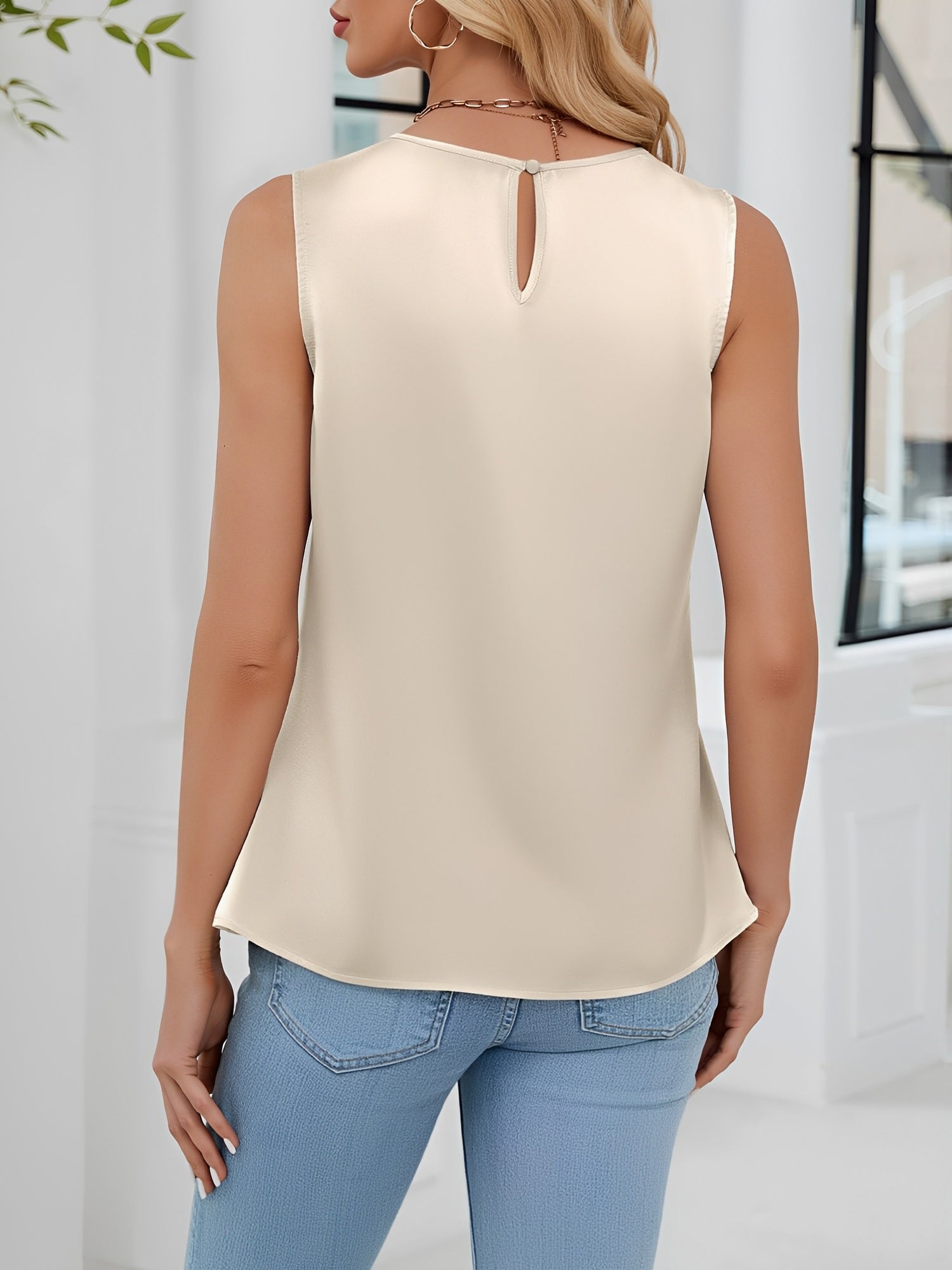 Pleated Round Neck Satin Sleeveless Blouse