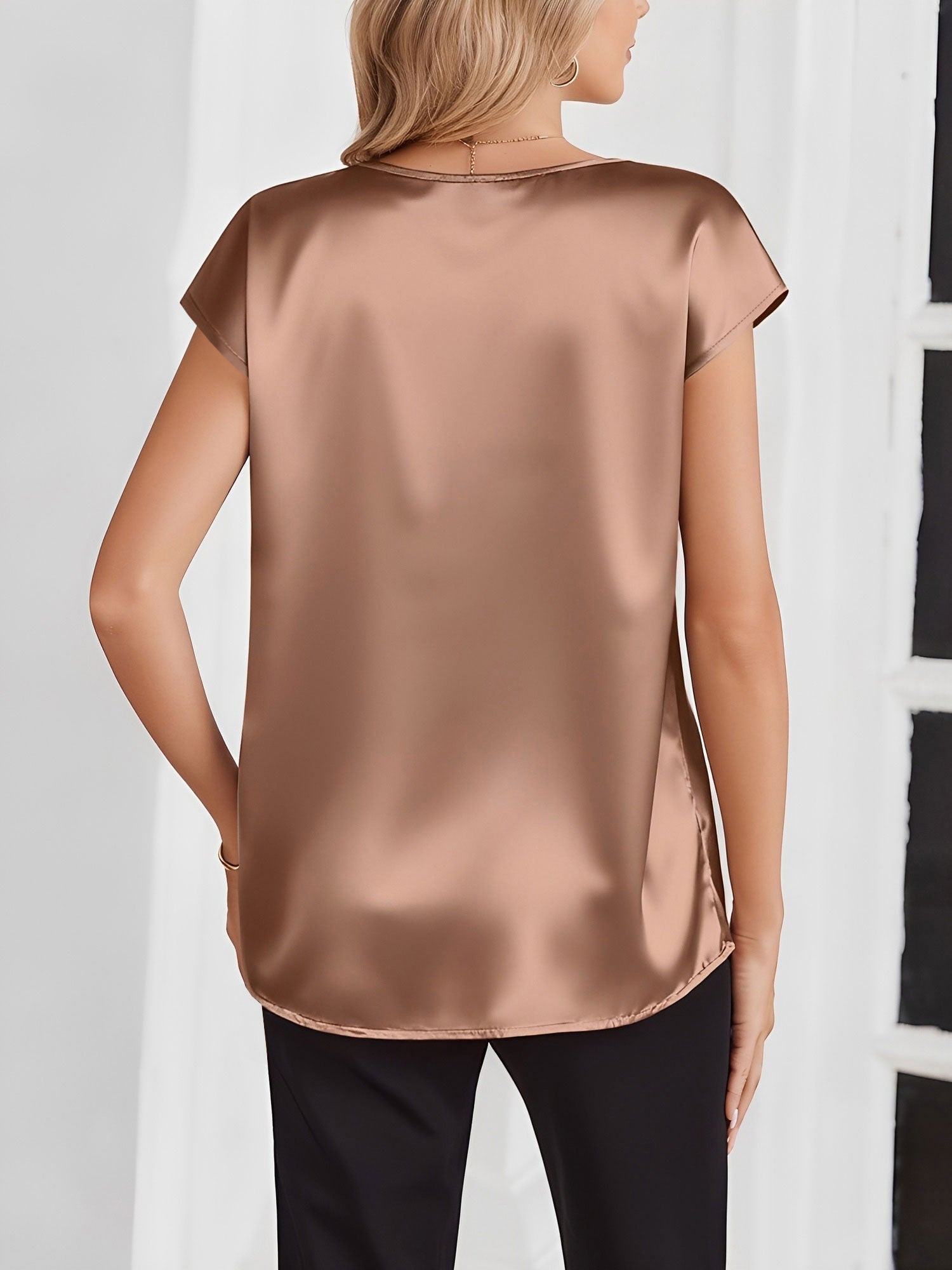 Satin V Neck Short Sleeves Work Blouse