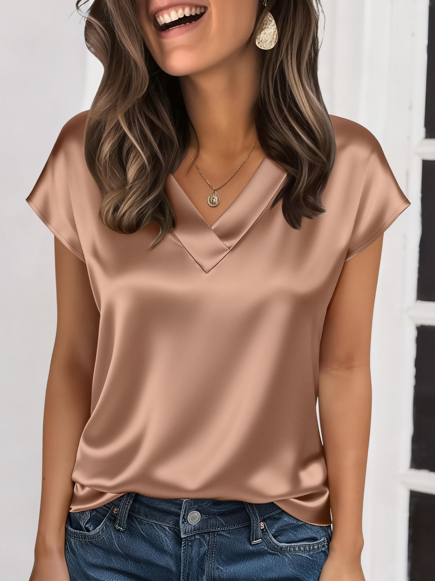 Satin V Neck Short Sleeves Work Blouse