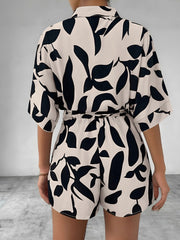 Satin Printed Short Sleeves Buttun Down Tie Waist Rompers