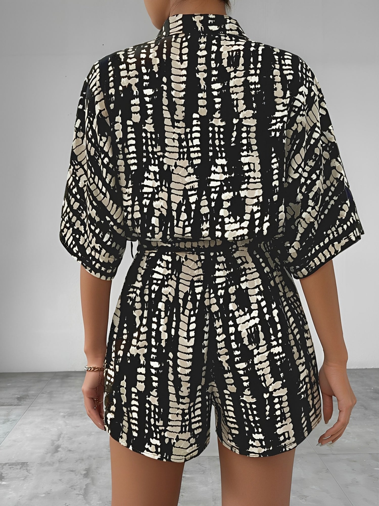Satin Printed Short Sleeves Buttun Down Tie Waist Rompers