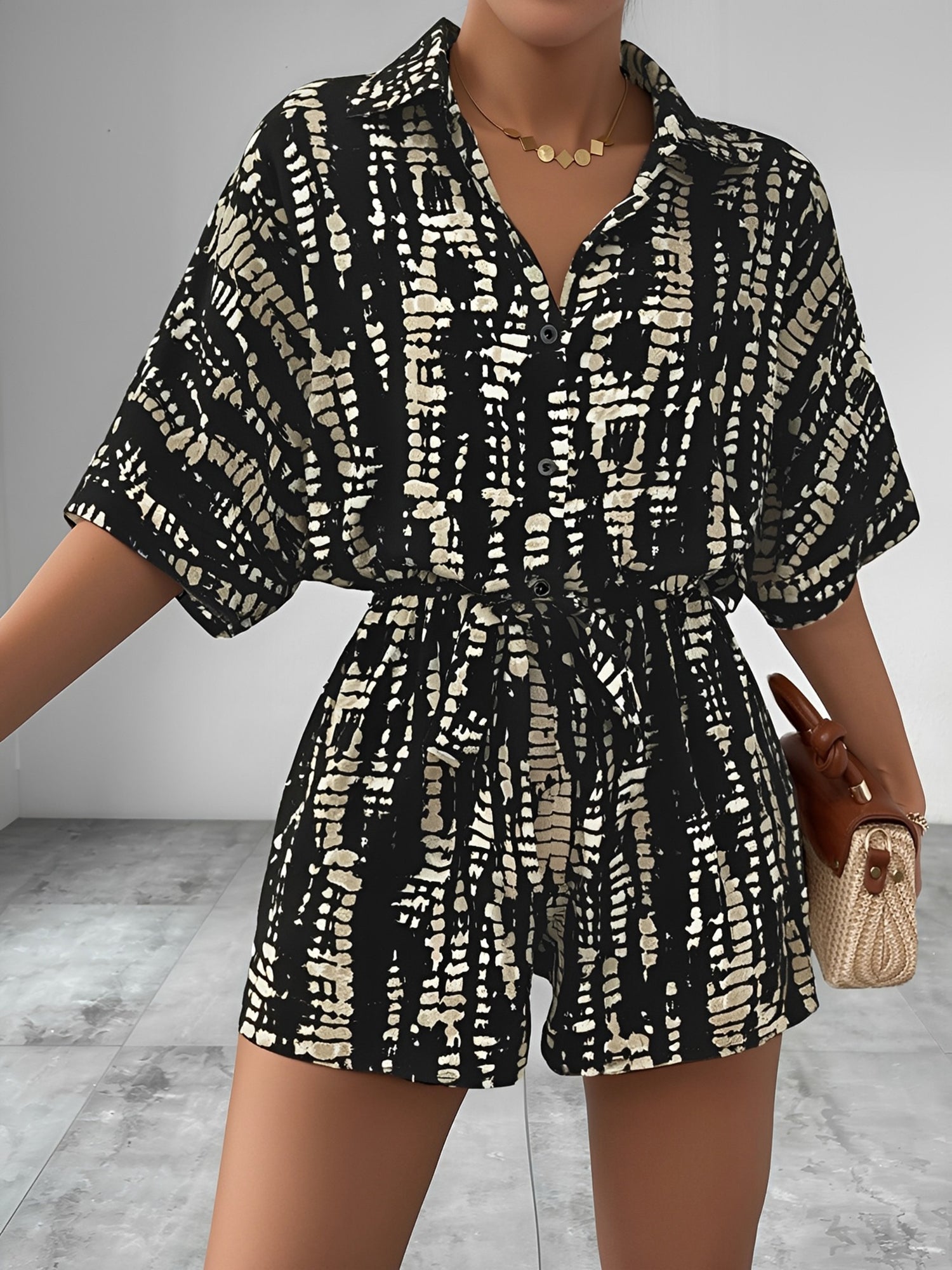 Satin Printed Short Sleeves Buttun Down Tie Waist Rompers