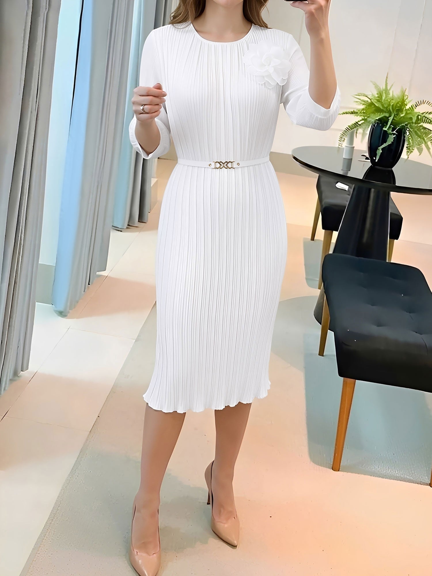 Round Neck 3/4 Sleeves Pleated Flower Decor Midi Dress