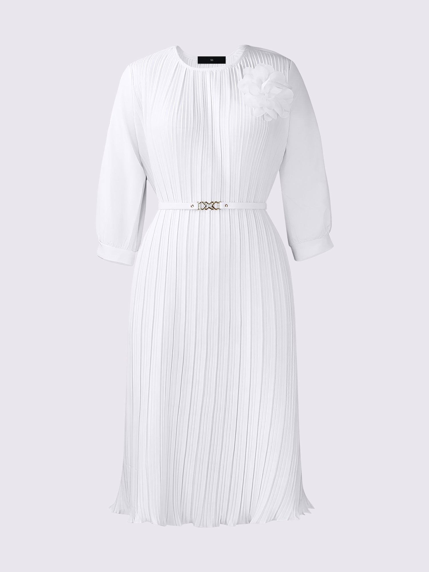 Round Neck 3/4 Sleeves Pleated Flower Decor Midi Dress
