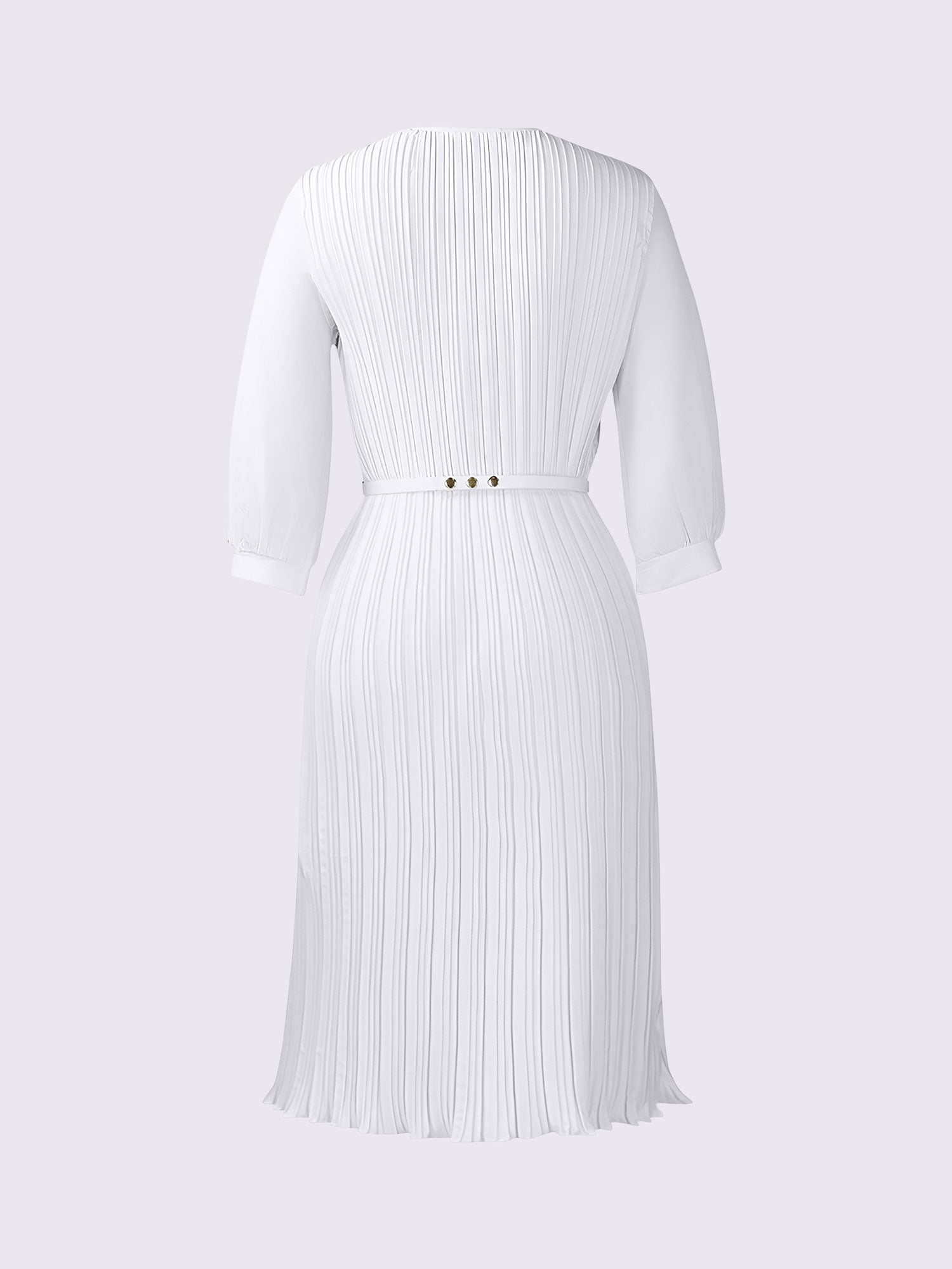 Round Neck 3/4 Sleeves Pleated Flower Decor Midi Dress