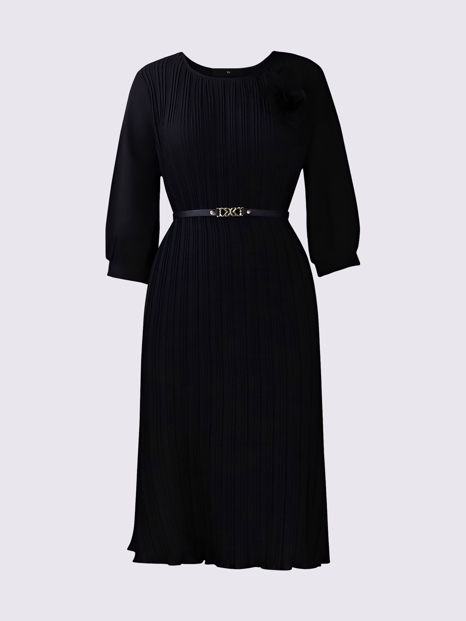 Round Neck 3/4 Sleeves Pleated Flower Decor Midi Dress