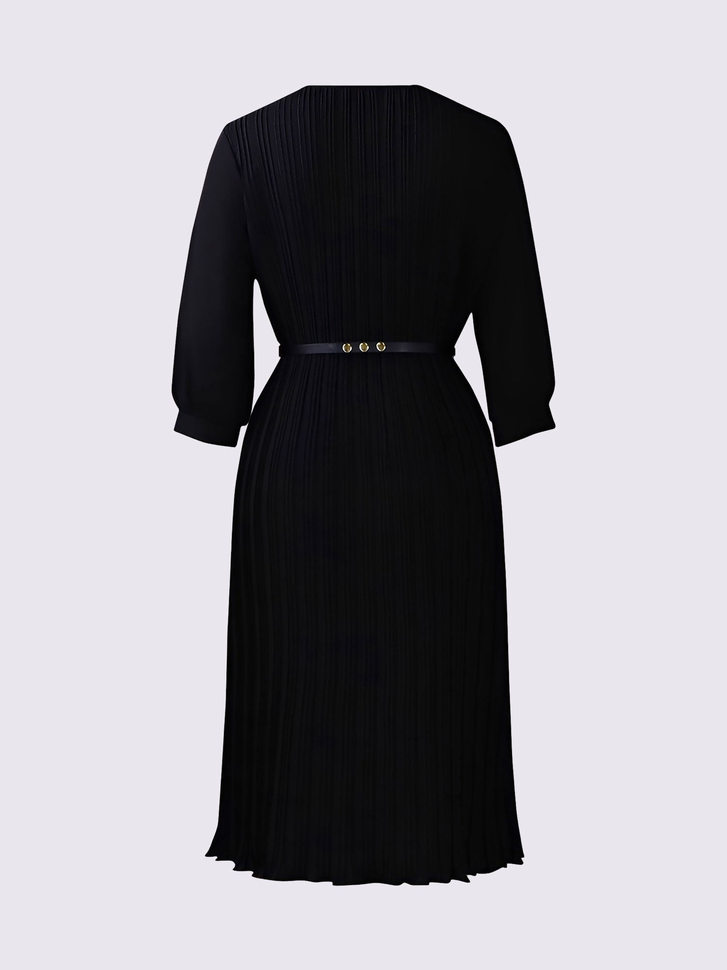 Round Neck 3/4 Sleeves Pleated Flower Decor Midi Dress