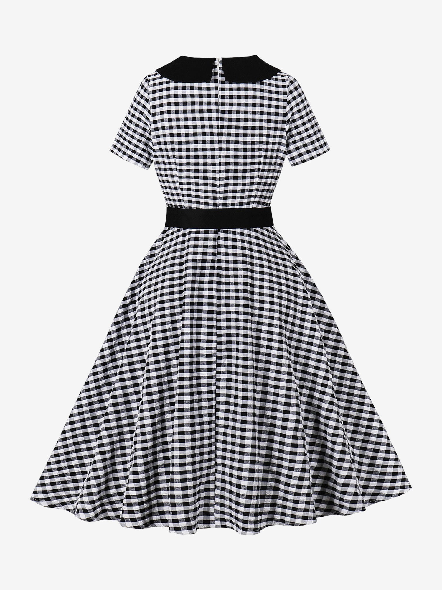 Colorblock Gingham Short Sleeve Belted Retro Swing Dress