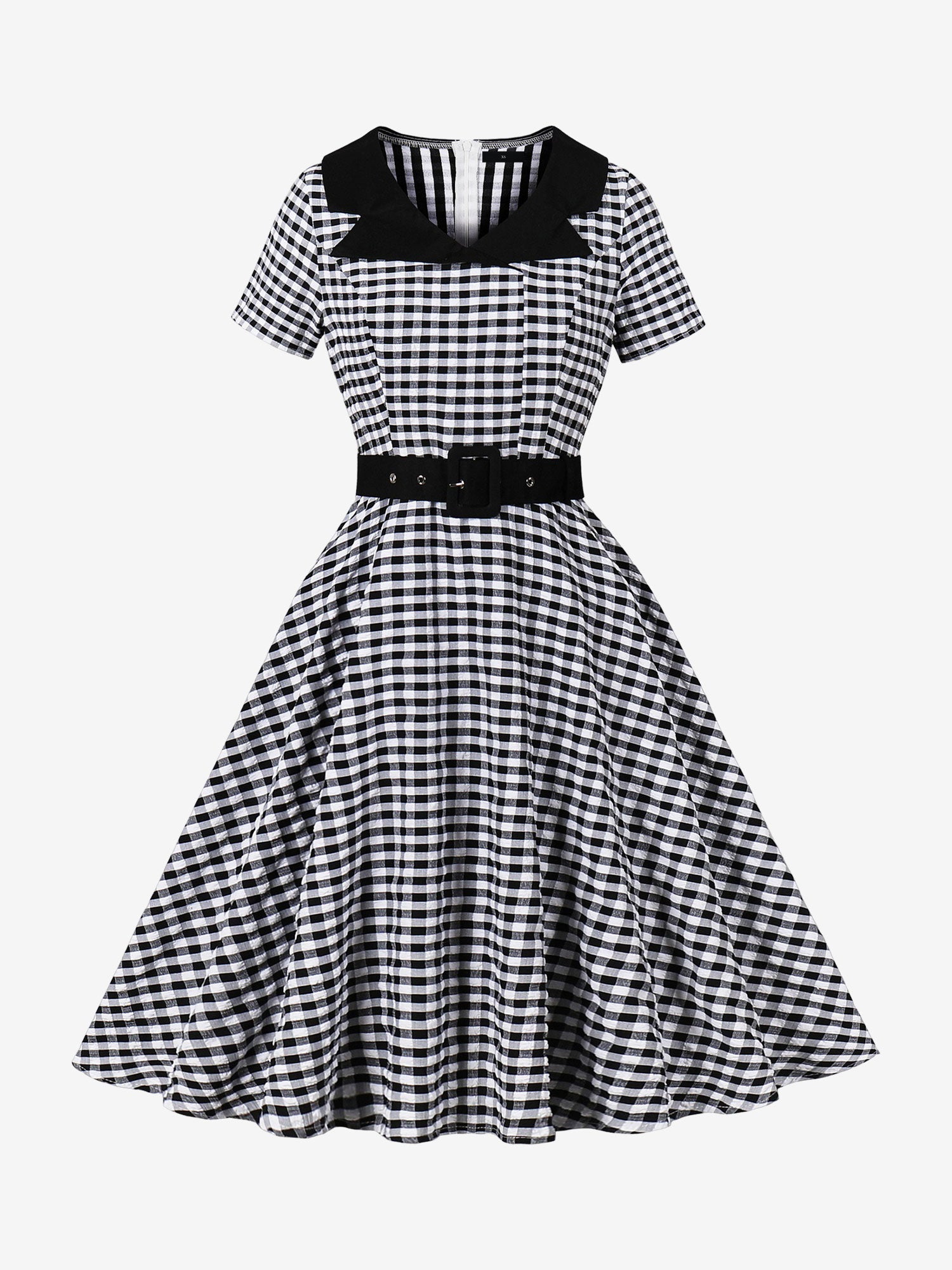 Colorblock Gingham Short Sleeve Belted Retro Swing Dress