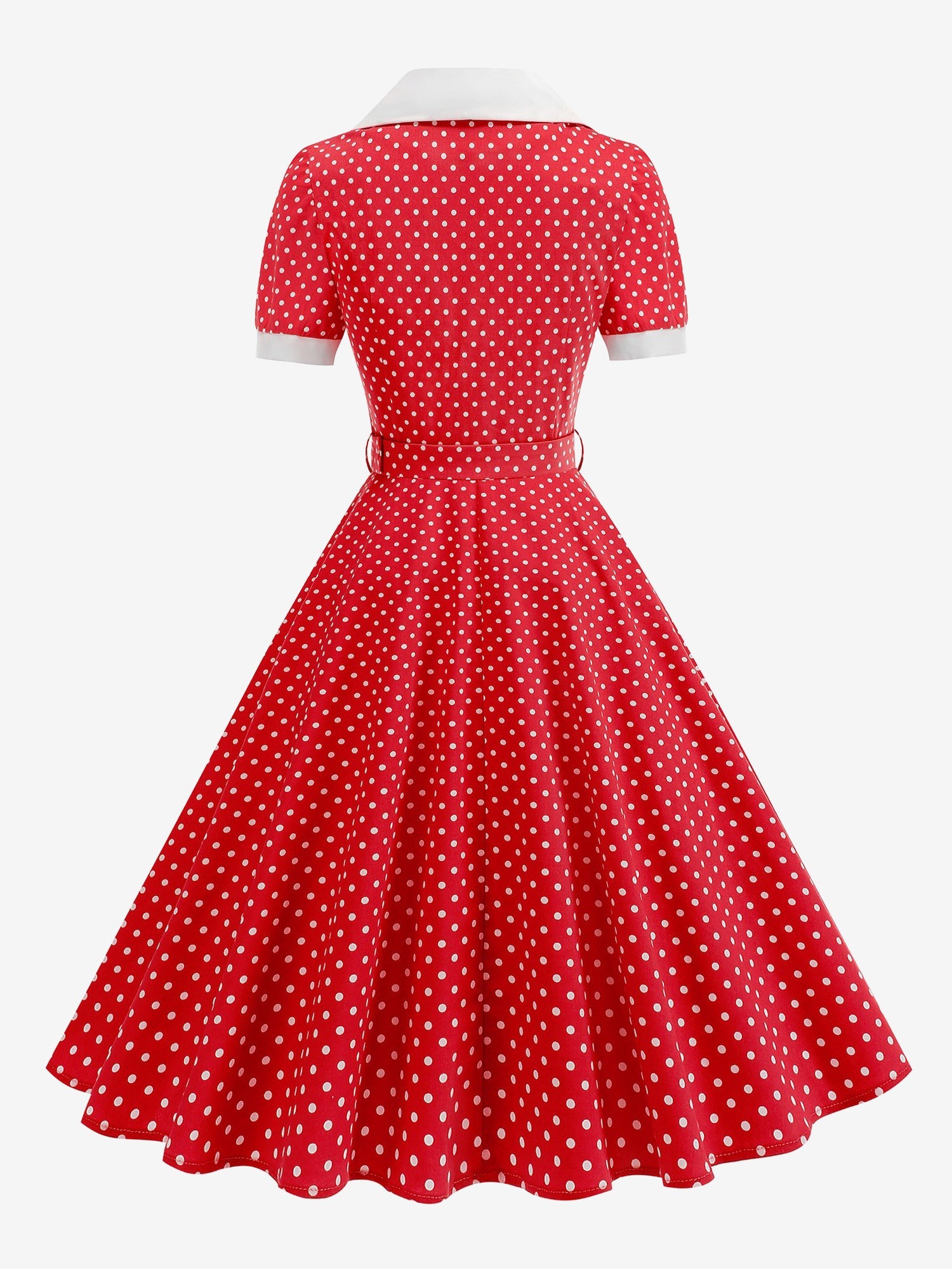 Polka Dots Lapel Button Down Belted Midi Swing Dress