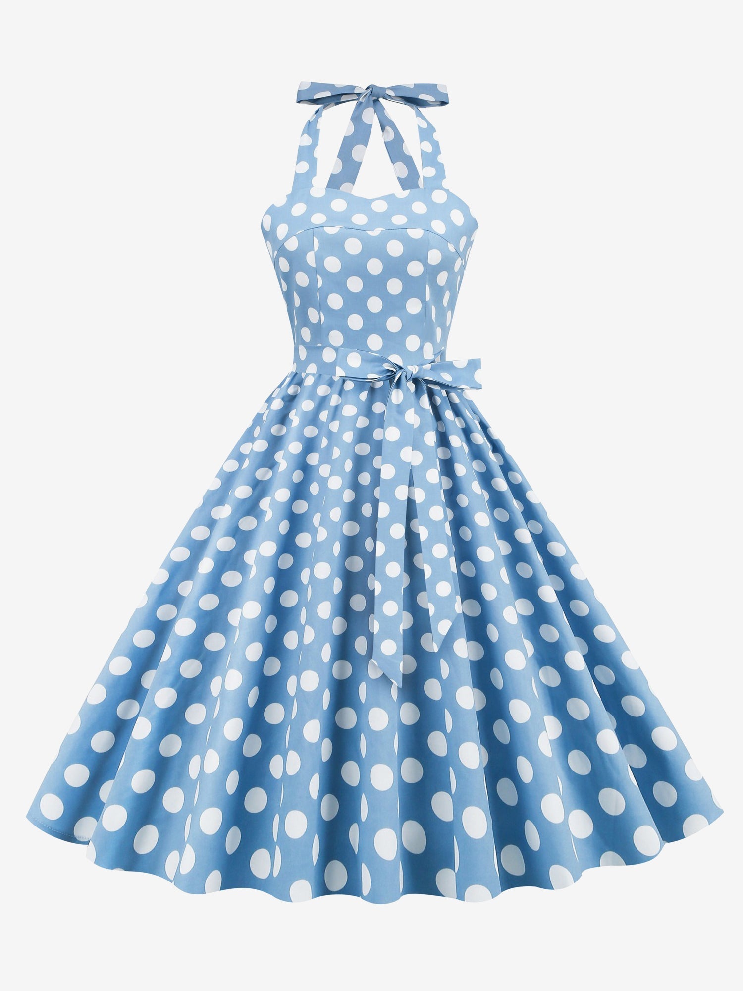 Vintage Polka Dot Lace-Up Halter Neck A-Line Dress
