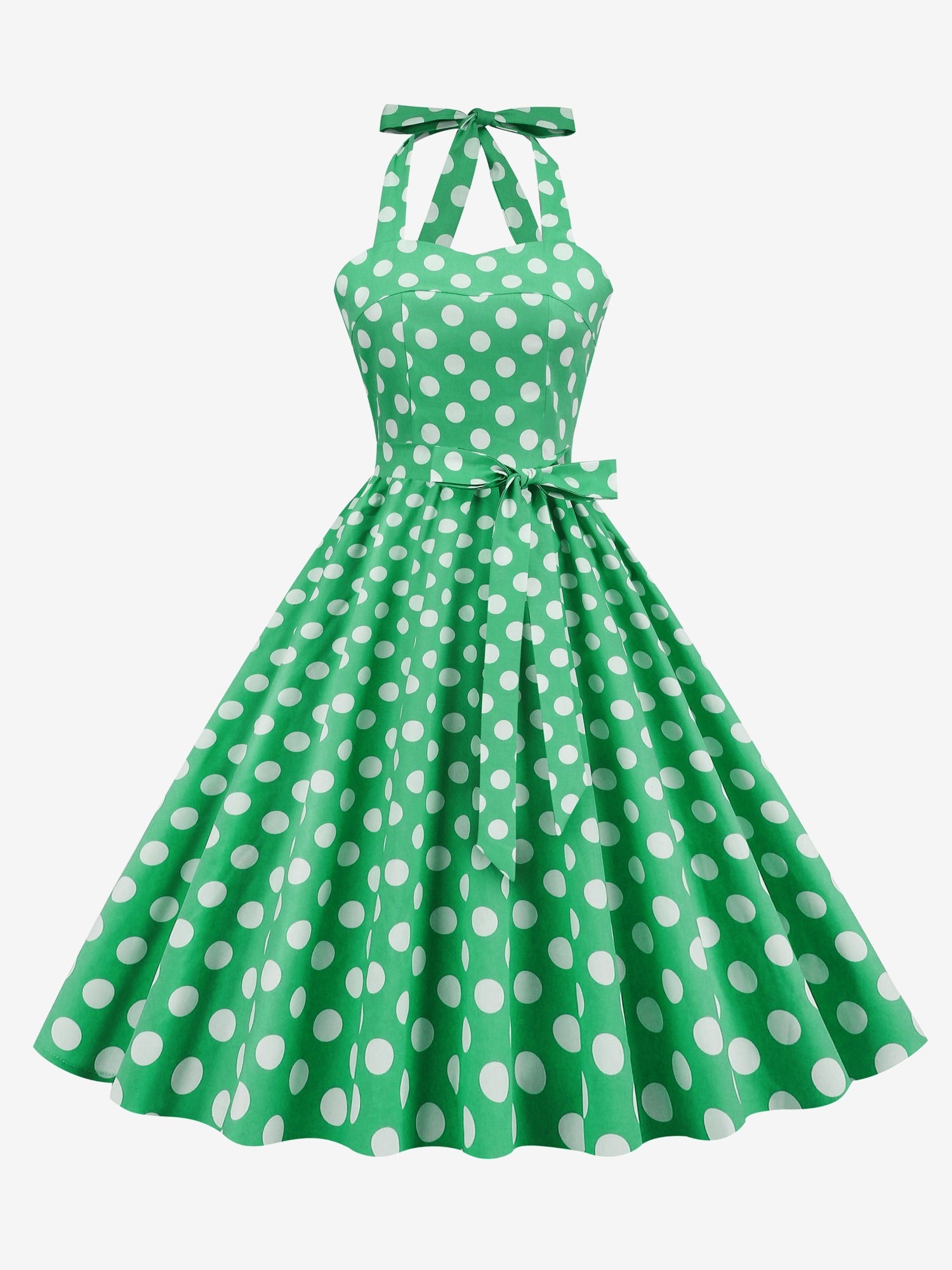 Vintage Polka Dot Lace-Up Halter Neck A-Line Dress