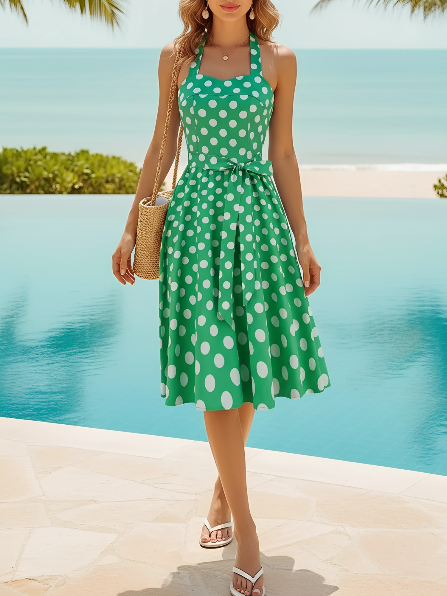 Vintage Polka Dot Lace-Up Halter Neck A-Line Dress