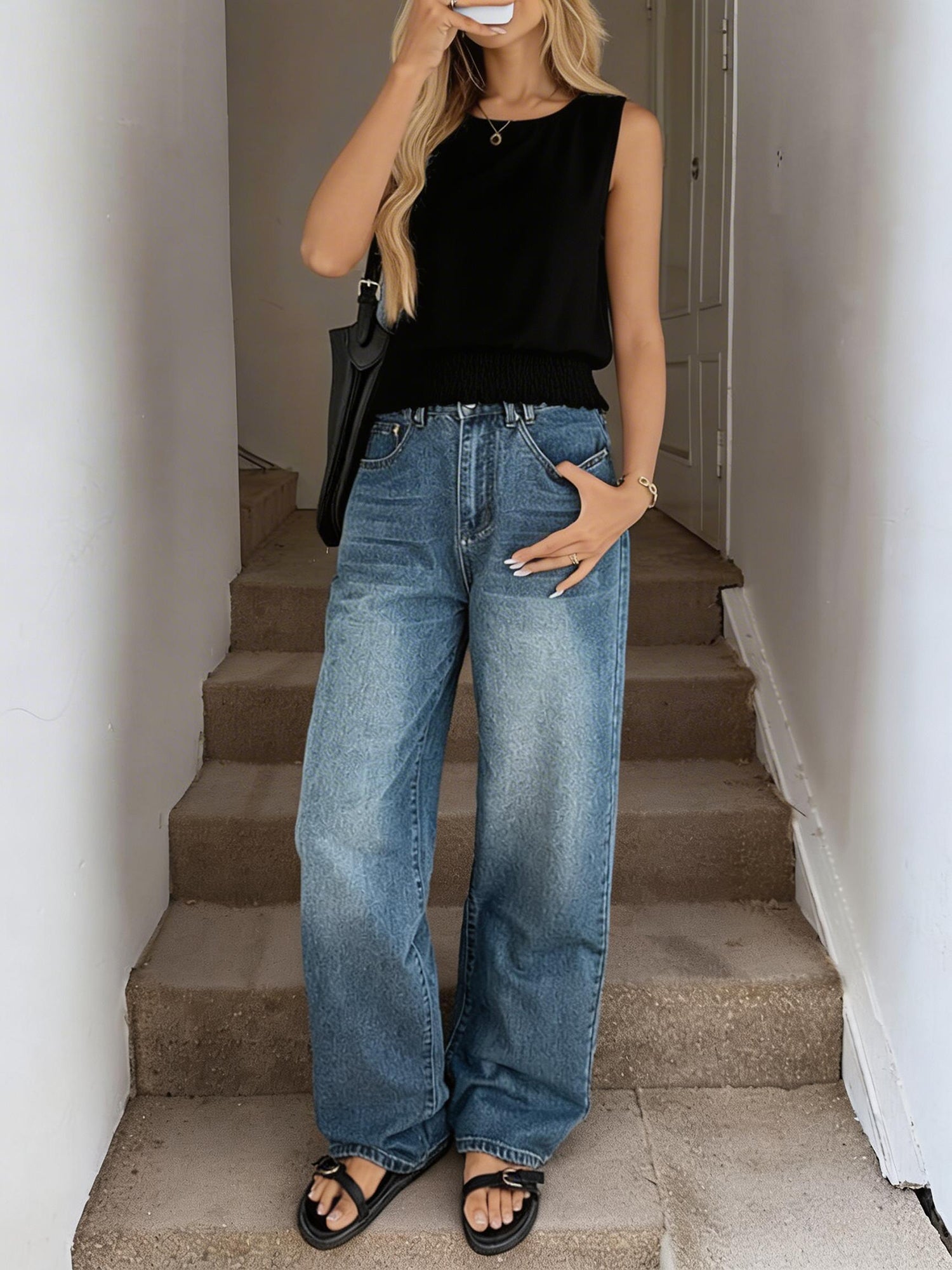 Round Neck Casual Sleeveless Smocked Blouse