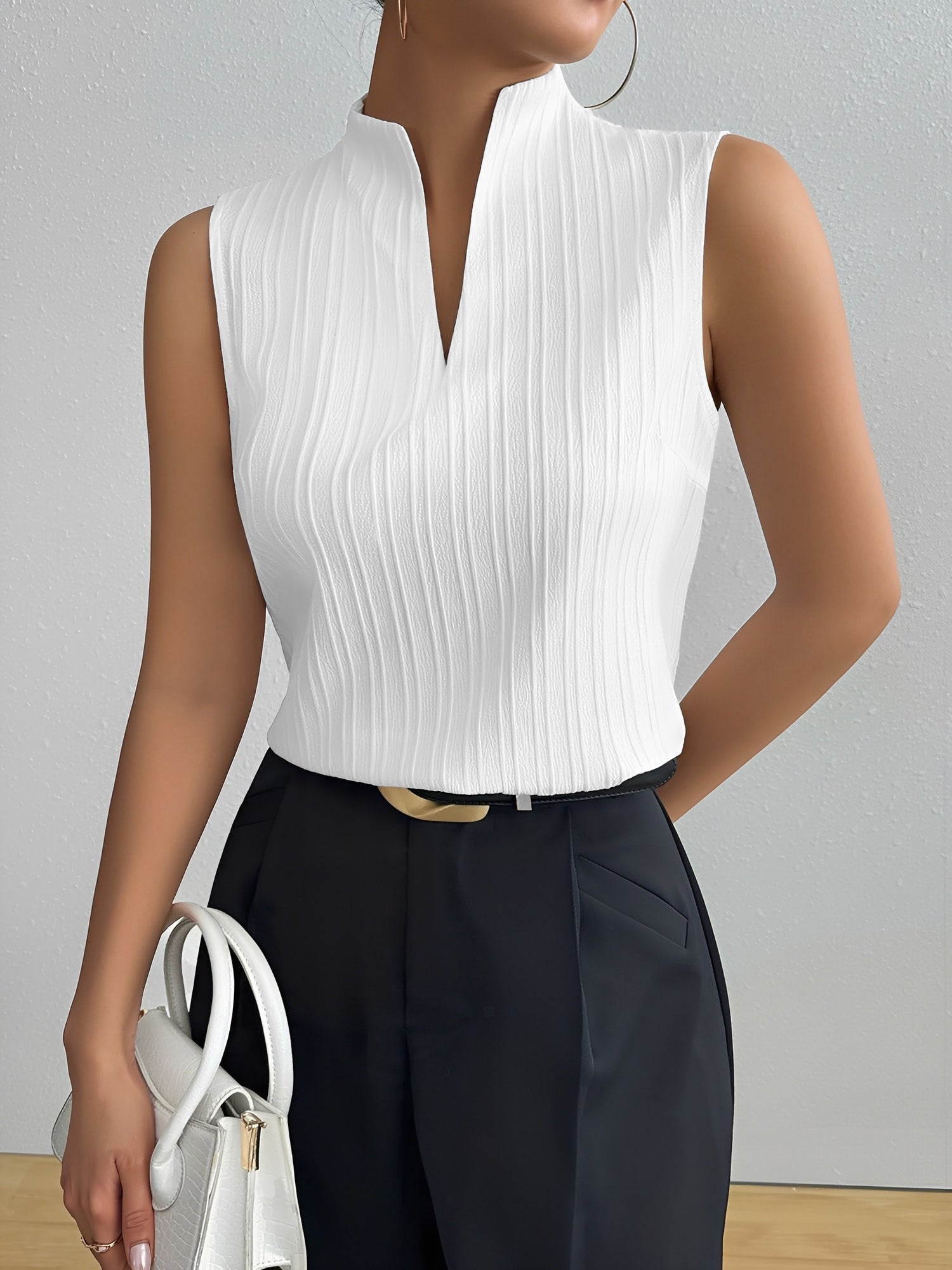 Solid Color Sleeveless Textured Work Blouse