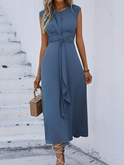 Round Neck Sleeveless Ruched Tie Front Midi Dress